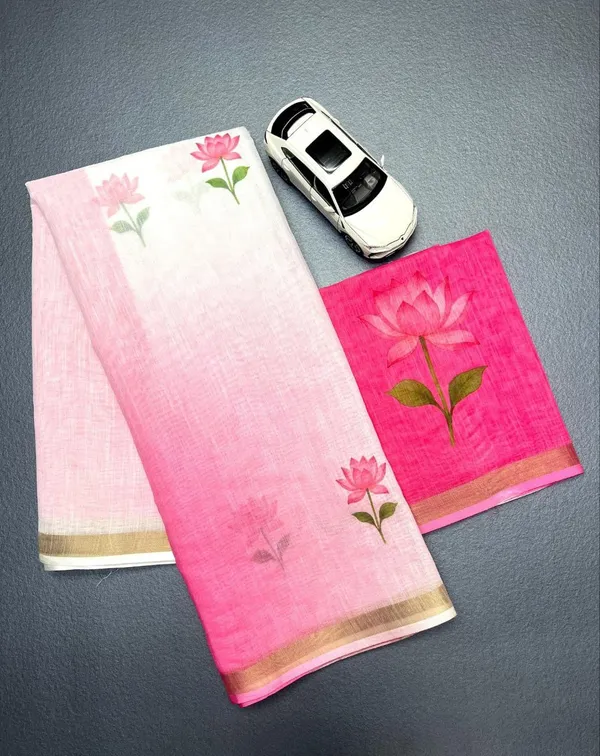 White_And_Pink_Linen_Lotus_Print_Ombre_Saree