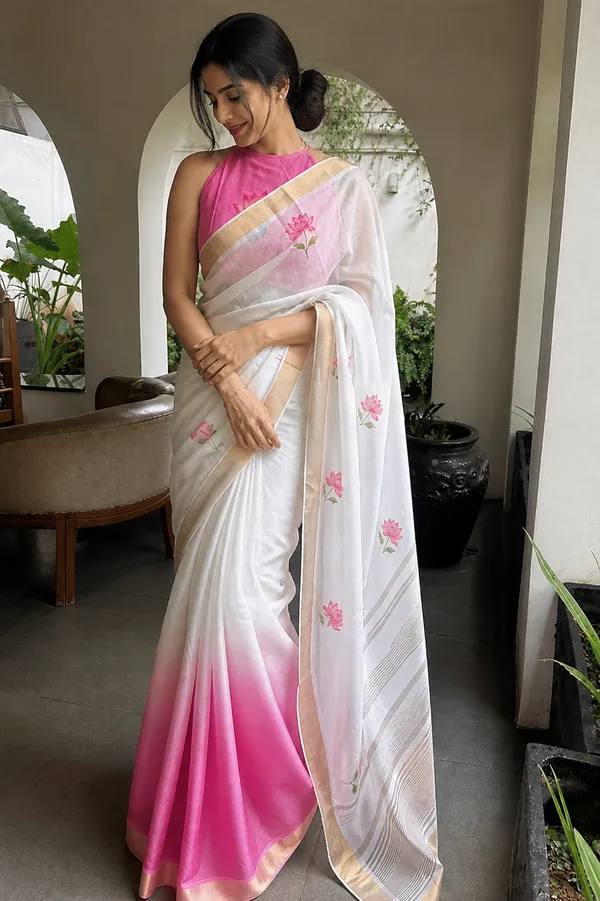 White_And_Pink_Linen_Lotus_Print_Ombre_Saree