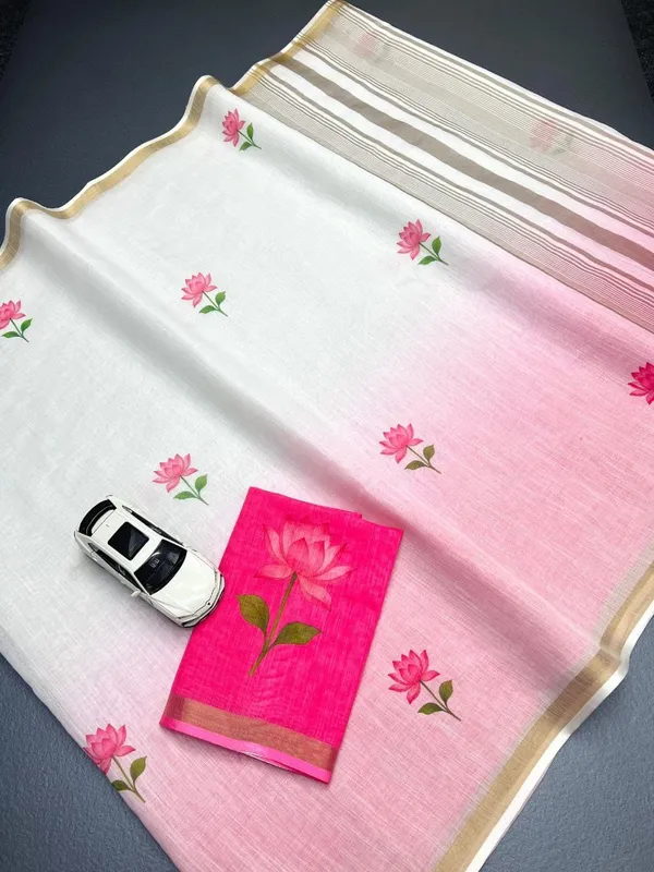 White_And_Pink_Linen_Lotus_Print_Ombre_Saree