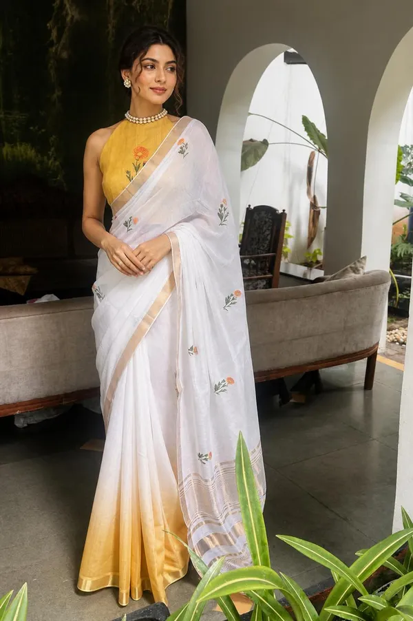 White_And_Yellow_Linen_Ombre_Saree_With_Floral_Motifs