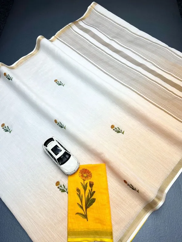 White_And_Yellow_Linen_Ombre_Saree_With_Floral_Motifs