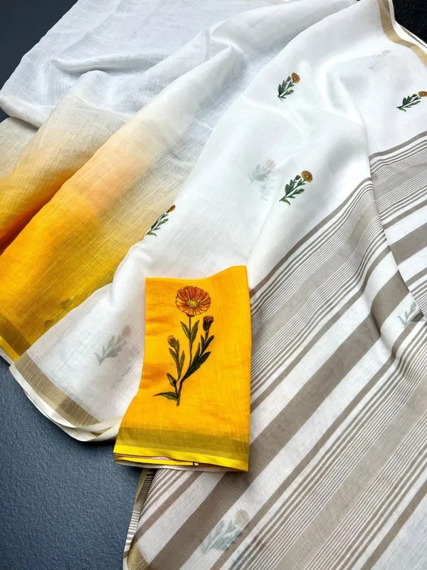 White_And_Yellow_Linen_Ombre_Saree_With_Floral_Motifs