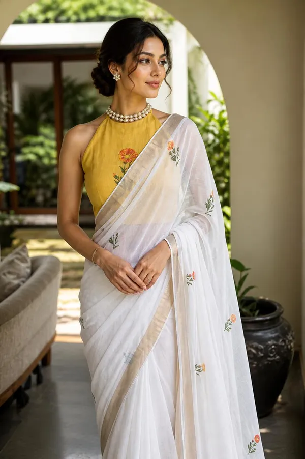White_And_Yellow_Linen_Ombre_Saree_With_Floral_Motifs