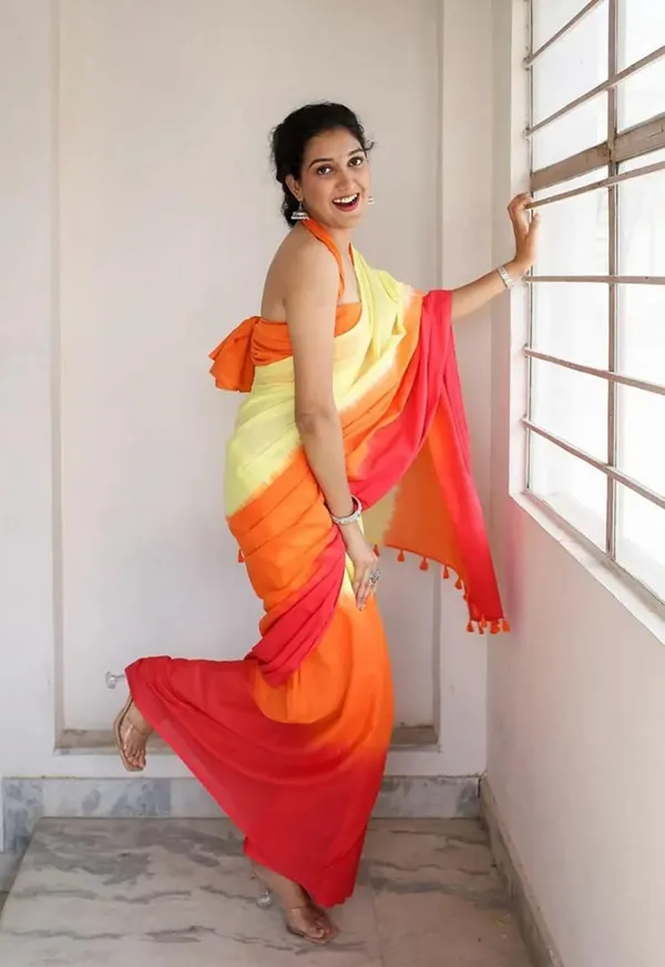Yellow_Orange_And_Red_Linen_Tri_Tone_Saree