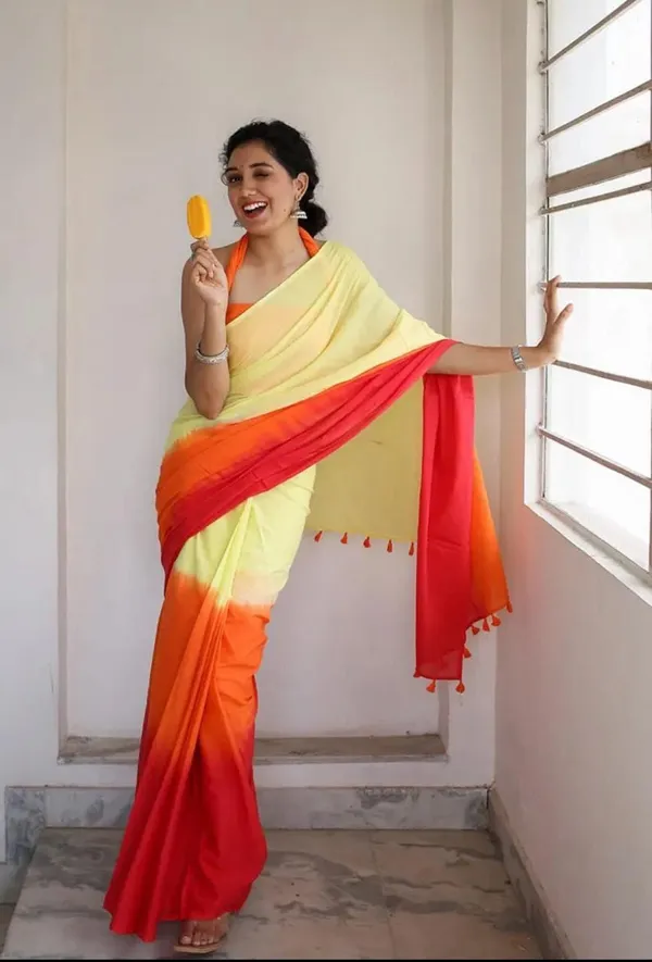 Yellow_Orange_And_Red_Linen_Tri_Tone_Saree