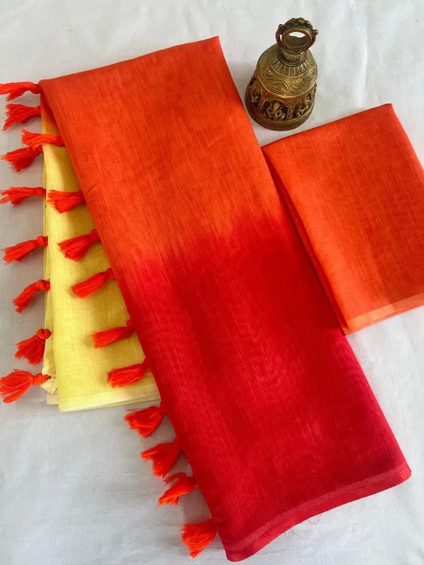 Yellow_Orange_And_Red_Linen_Tri_Tone_Saree