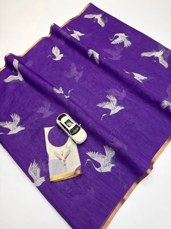 Deep_Purple_Linen_Saree_With_White_Crane_Print