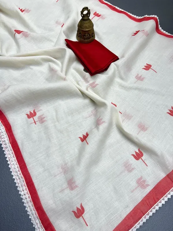 White_Linen_Saree_With_Red_Tulip_Print_And_Lace_Border