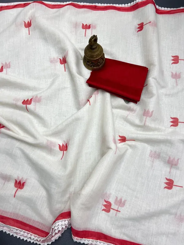 White_Linen_Saree_With_Red_Tulip_Print_And_Lace_Border