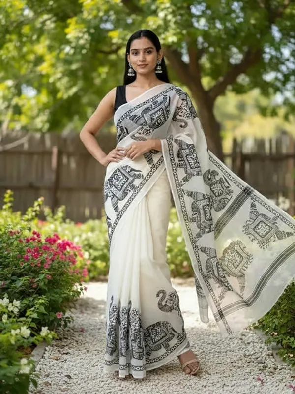 White_Black_Elephant_Print_Linen_Cotton_Saree