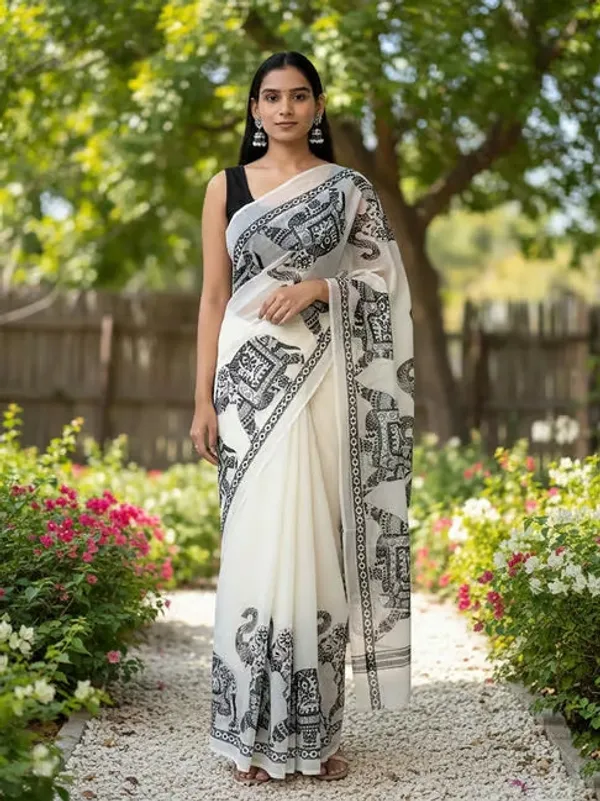 White_Black_Elephant_Print_Linen_Cotton_Saree
