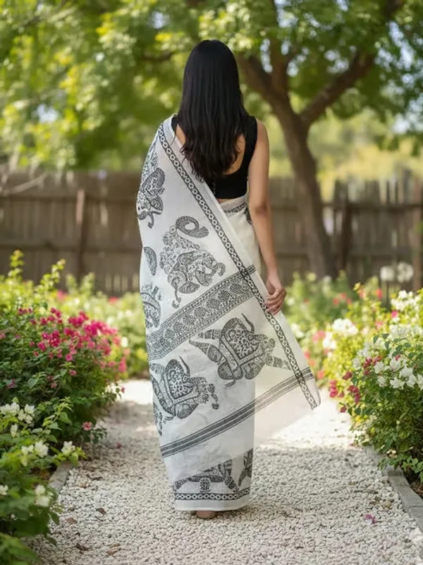 White_Black_Elephant_Print_Linen_Cotton_Saree