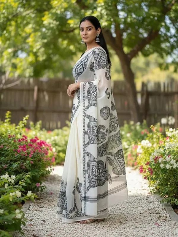 White_Black_Elephant_Print_Linen_Cotton_Saree