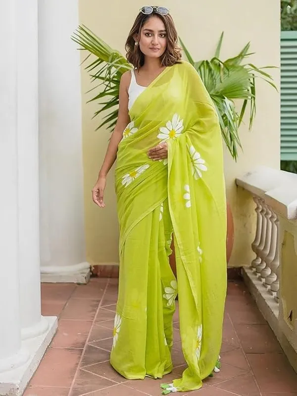 Lime_Green_Floral_Print_Linen_Cotton_Saree