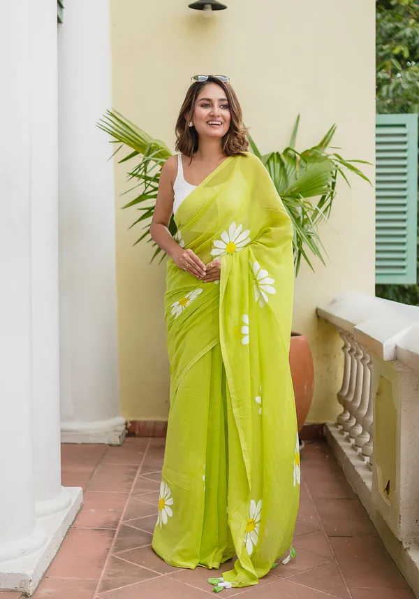 Lime_Green_Floral_Print_Linen_Cotton_Saree