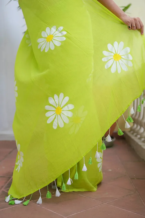 Lime_Green_Floral_Print_Linen_Cotton_Saree