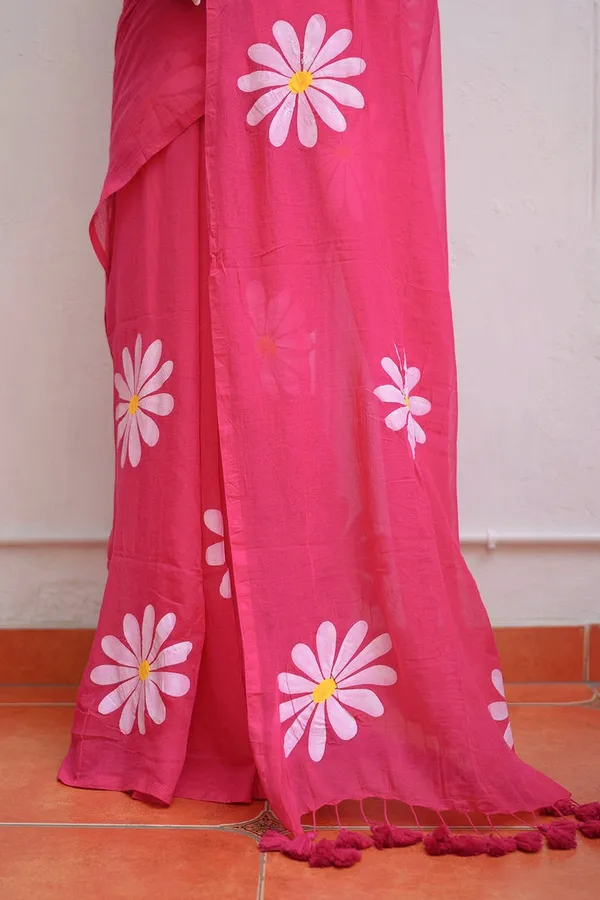 Hot_Pink_Floral_Print_Linen_Cotton_Saree