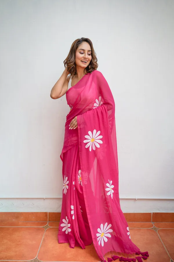 Hot_Pink_Floral_Print_Linen_Cotton_Saree