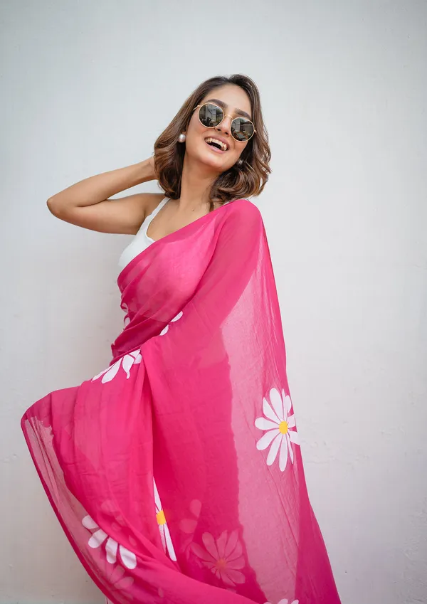 Hot_Pink_Floral_Print_Linen_Cotton_Saree
