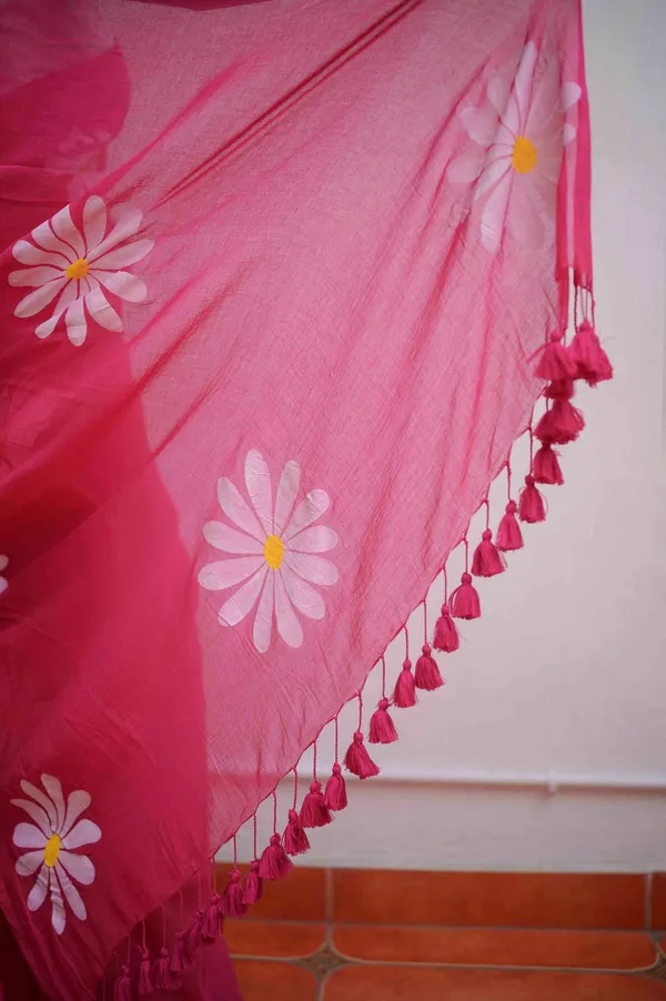 Hot_Pink_Floral_Print_Linen_Cotton_Saree