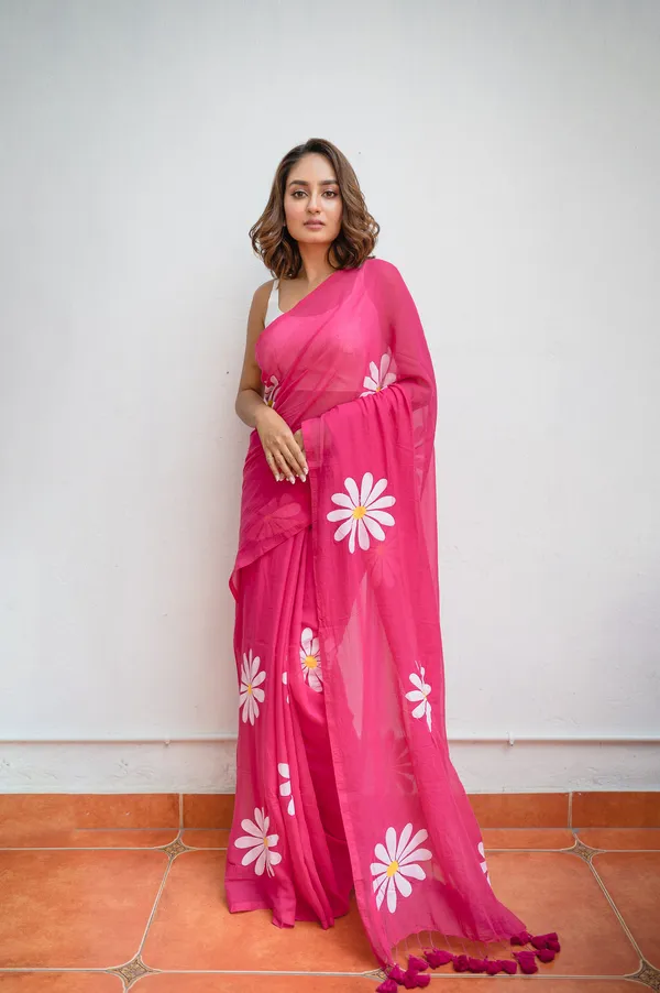 Hot_Pink_Floral_Print_Linen_Cotton_Saree