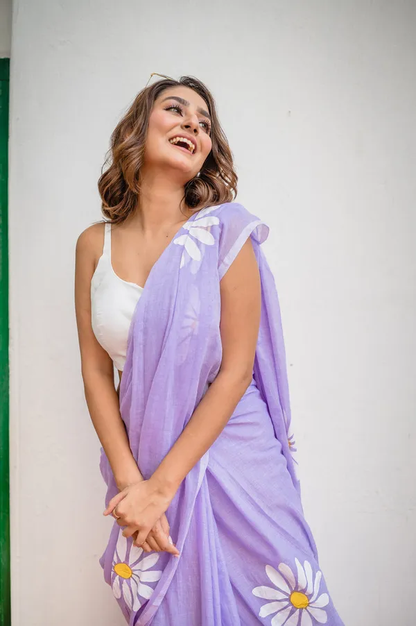 Lavender_Floral_Print_Linen_Cotton_Saree