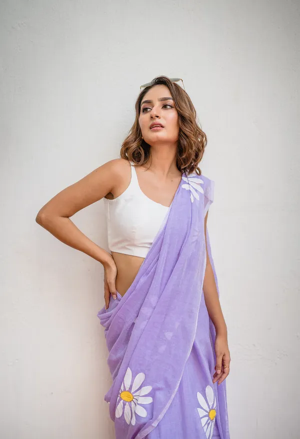 Lavender_Floral_Print_Linen_Cotton_Saree