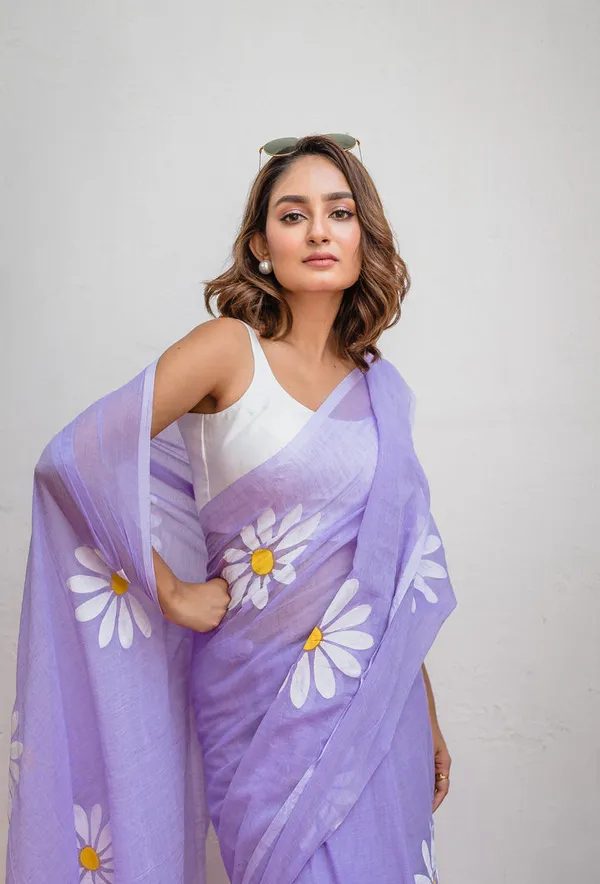 Lavender_Floral_Print_Linen_Cotton_Saree