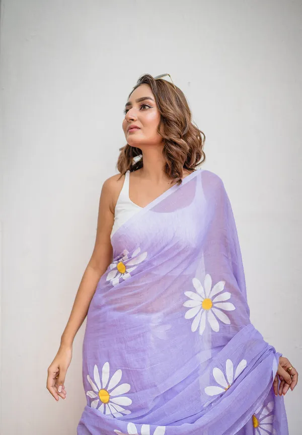 Lavender_Floral_Print_Linen_Cotton_Saree