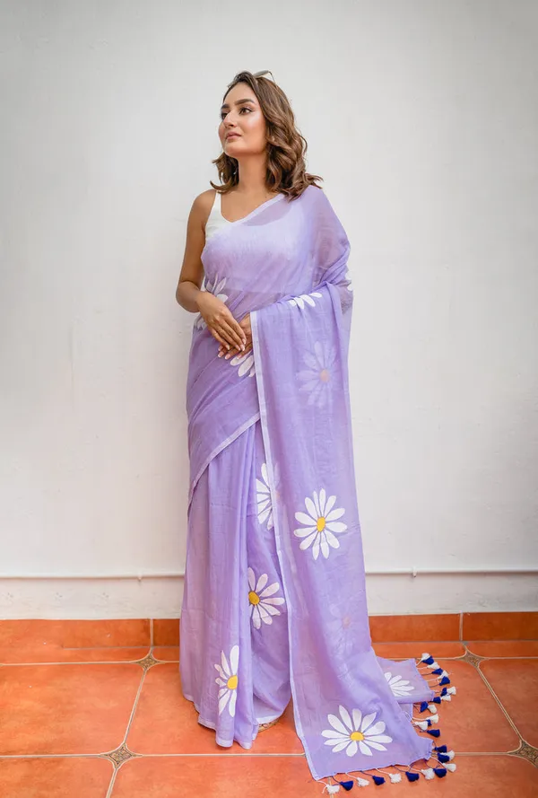 Lavender_Floral_Print_Linen_Cotton_Saree