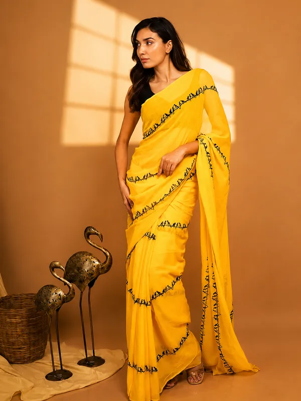 Sunflower_Yellow_Linen_Cotton_Saree_With_Embroidered_Border