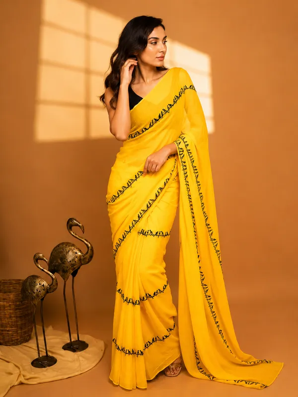Sunflower_Yellow_Linen_Cotton_Saree_With_Embroidered_Border