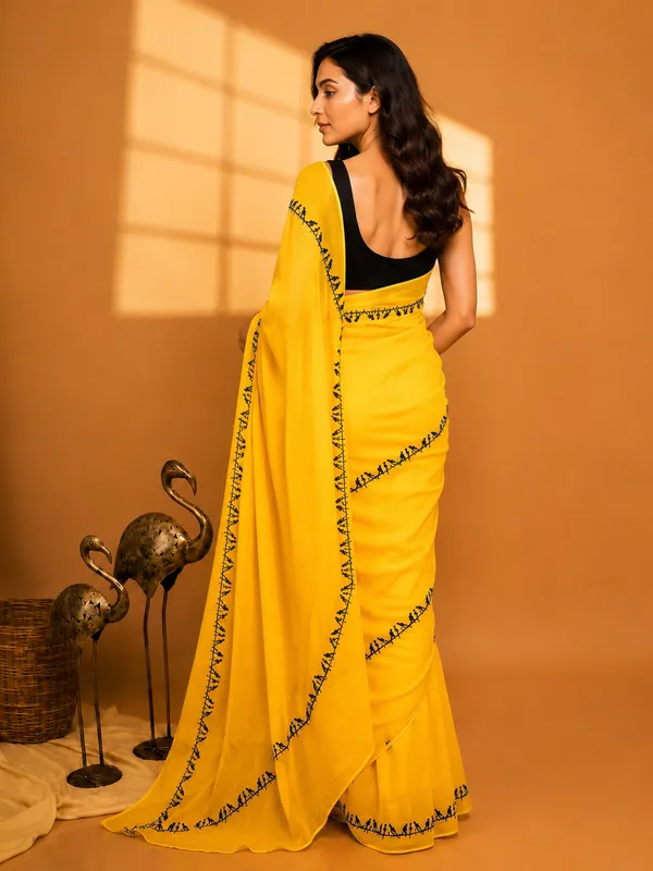 Sunflower_Yellow_Linen_Cotton_Saree_With_Embroidered_Border