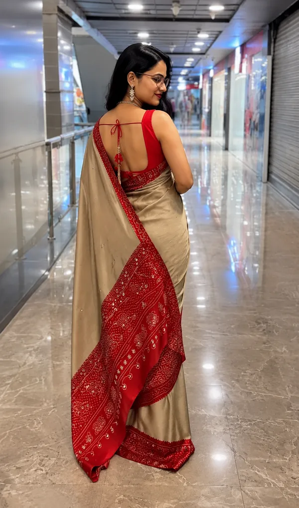 Beige_Gajji_Silk_Saree_With_Red_Bandhani_Print_Border