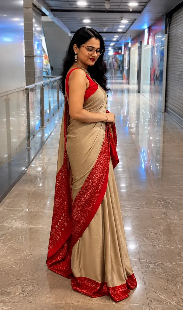 Beige_Gajji_Silk_Saree_With_Red_Bandhani_Print_Border