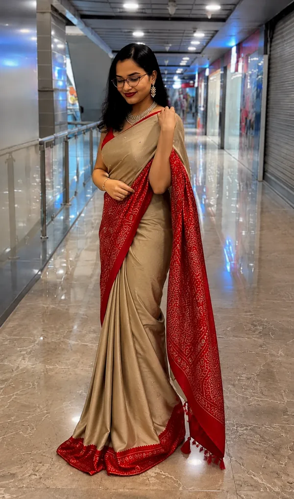 Beige_Gajji_Silk_Saree_With_Red_Bandhani_Print_Border