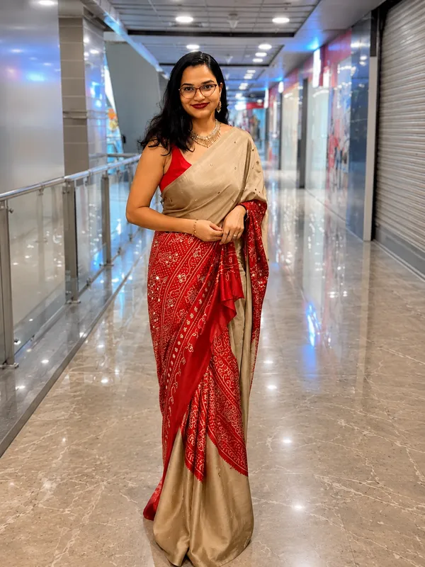 Beige_Gajji_Silk_Saree_With_Red_Bandhani_Print_Border