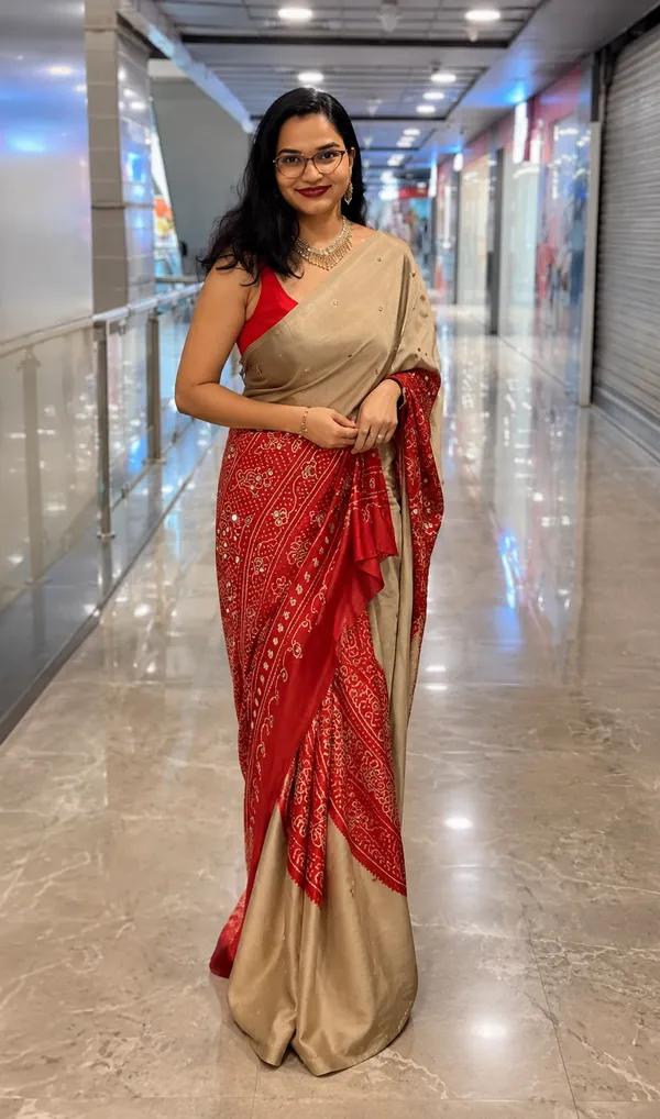 Beige_Gajji_Silk_Saree_With_Red_Bandhani_Print_Border