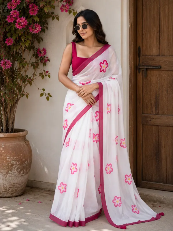 Pink_Floral_Handpaint_Linen_Saree_With_Plain_Border