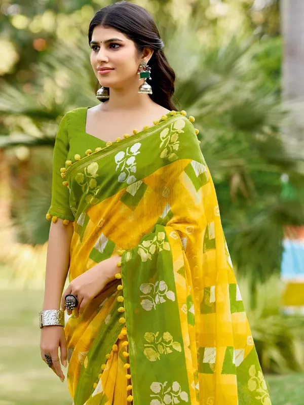 Yellow_And_Olive_Green_Printed_Saree_With_Pom_Pom_Lace