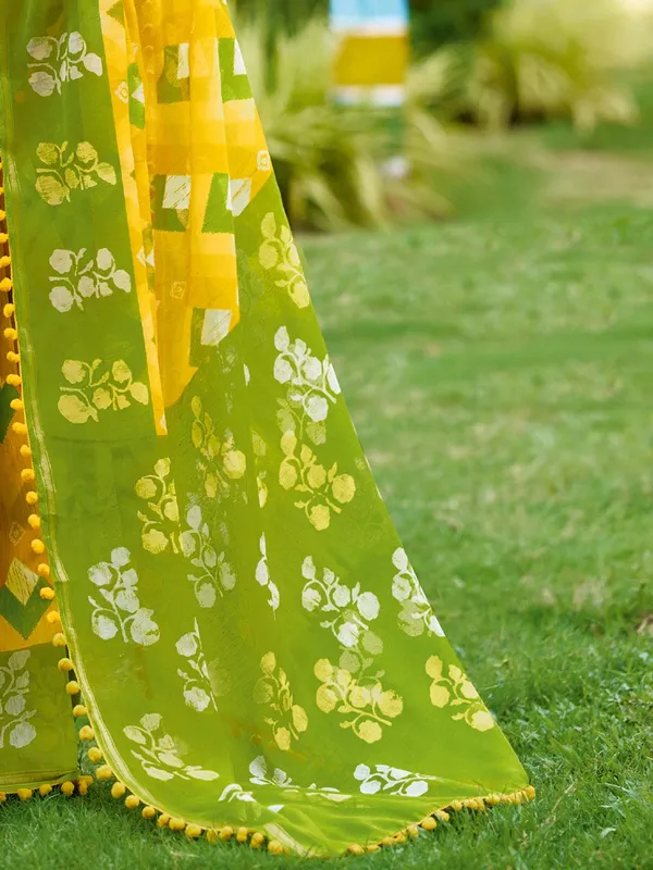 Yellow_And_Olive_Green_Printed_Saree_With_Pom_Pom_Lace