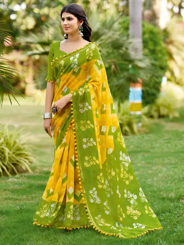 Yellow_And_Olive_Green_Printed_Saree_With_Pom_Pom_Lace