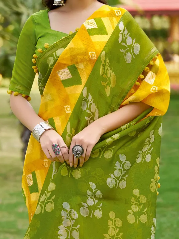 Yellow_And_Olive_Green_Printed_Saree_With_Pom_Pom_Lace