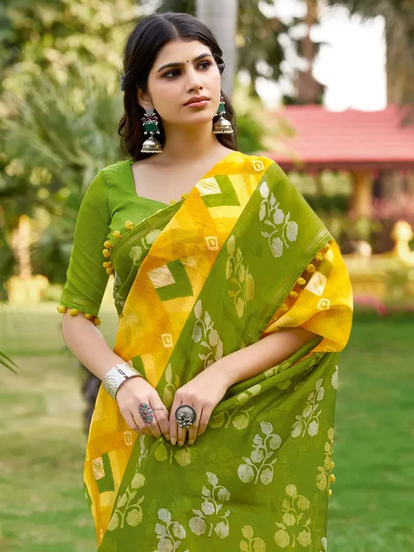 Yellow_And_Olive_Green_Printed_Saree_With_Pom_Pom_Lace