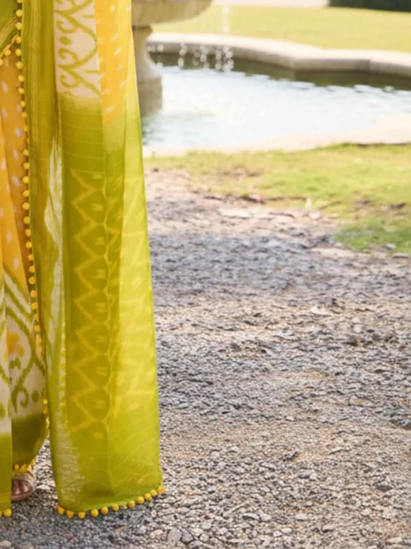 Yellow_And_Olive_Green_Ikat_Print_Saree_With_Pom_Pom_Lace