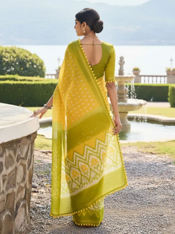 Yellow_And_Olive_Green_Ikat_Print_Saree_With_Pom_Pom_Lace