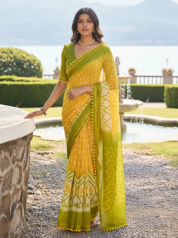 Yellow_And_Olive_Green_Ikat_Print_Saree_With_Pom_Pom_Lace