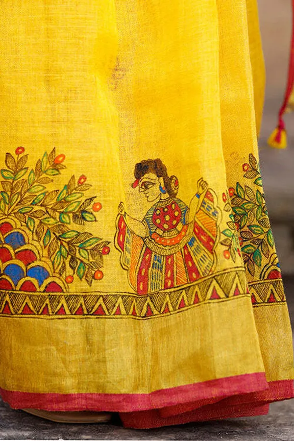 Yellow_Linen_Saree_With_Traditional_Folk_Art_Print