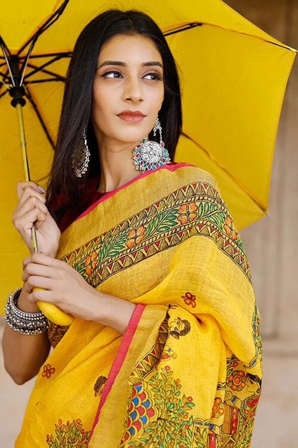 Yellow_Linen_Saree_With_Traditional_Folk_Art_Print