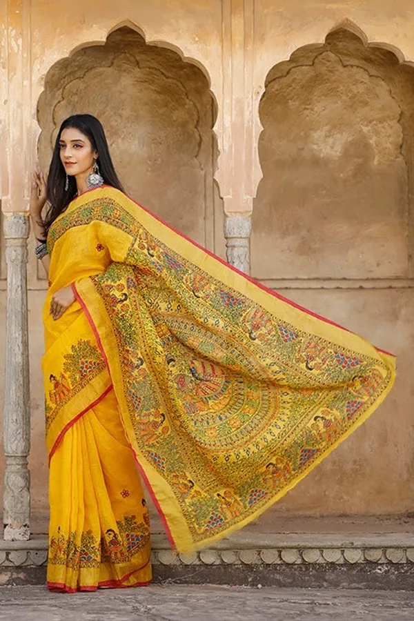 Yellow_Linen_Saree_With_Traditional_Folk_Art_Print